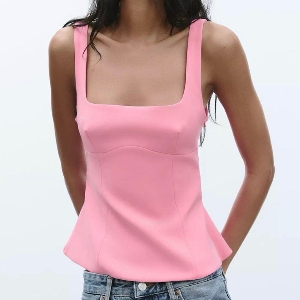 Zara Pink Bow Back Peplum Top Open Back Sleeveless Blouse Size Medium